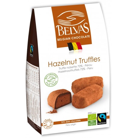 BELGIJSKIE CZEKOLADKI TRUFLE Z ORZECHAMI LASKOWYMI FAIR TRADE BEZGLUTENOWE BIO 100 g - BELVAS