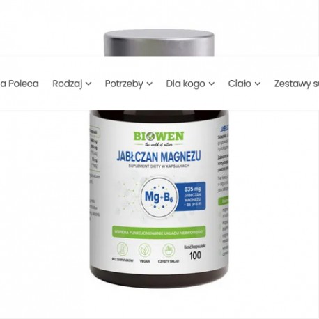 Jabłczan magnezu 835 mg z witaminą B6 (P-5-P) Biowen – 100 kapsułek Biowen